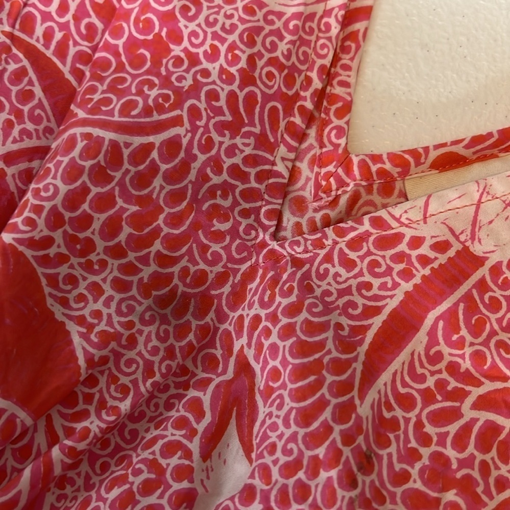 Fragonard Parfumeur One Size Caftan Tropical Print Maxi Dress Coral Smock Waist - Picture 14 of 15